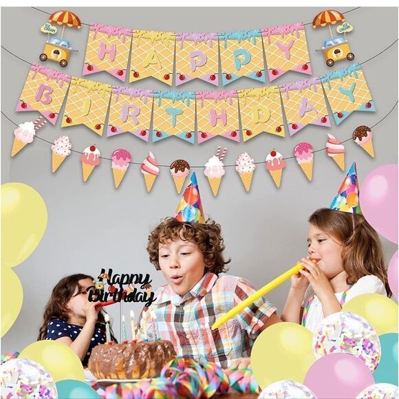 NWT Ice Cream Theme Party supplies - Ice Cream Themed Happy Birthday Banner - Picture 7 of 7